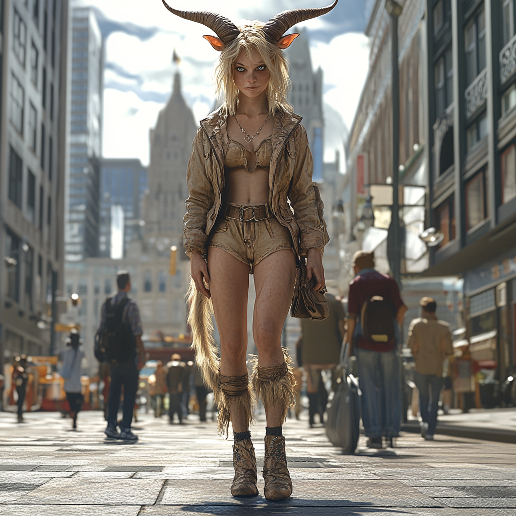 Blonde satyr with goat legs in US city square.