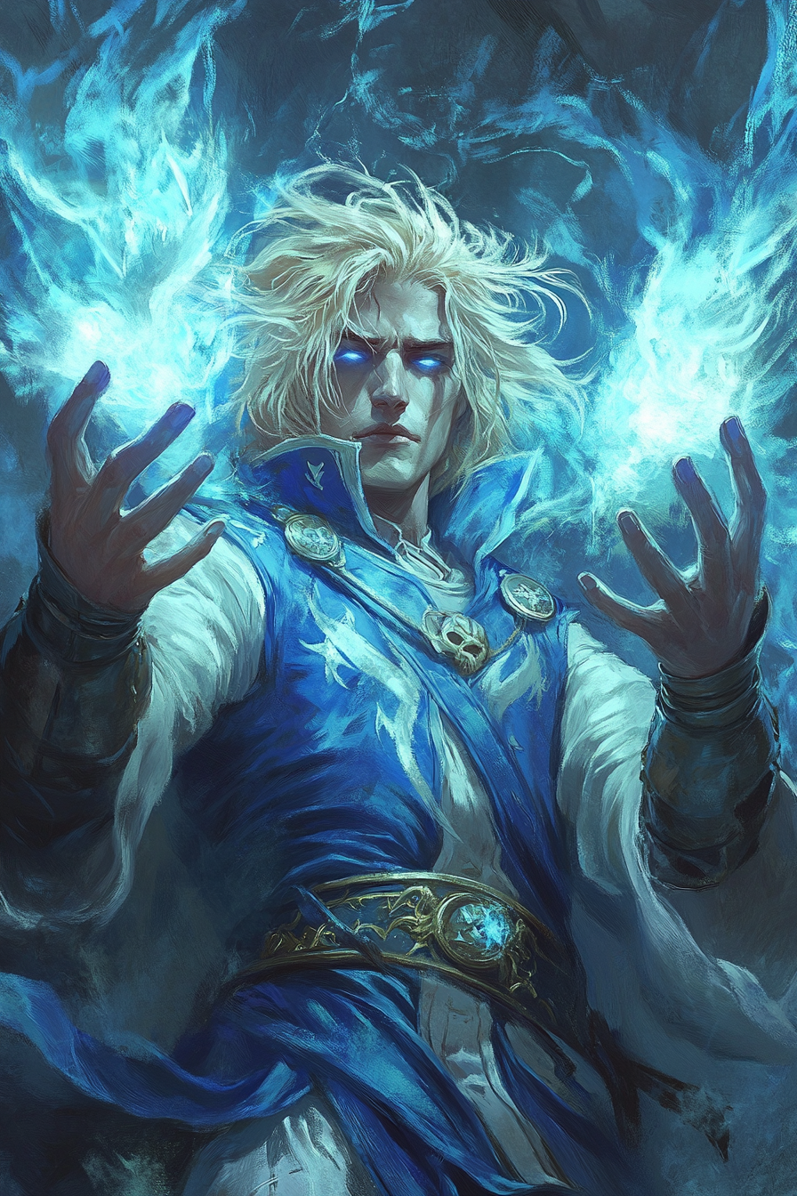 Blonde sorcerer in blue robes creating magic barrier.