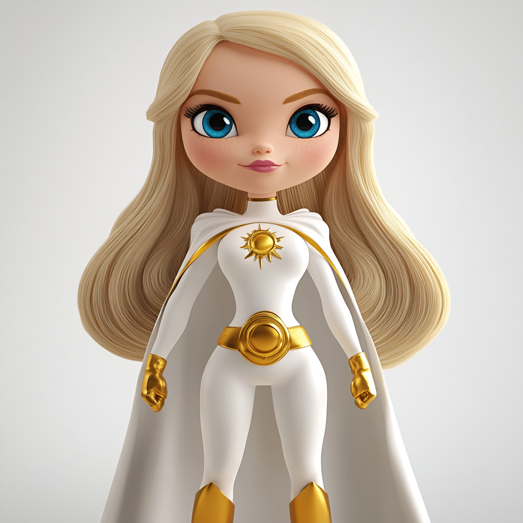 Blonde superhero puppet with blue eyes, white/gold costume.