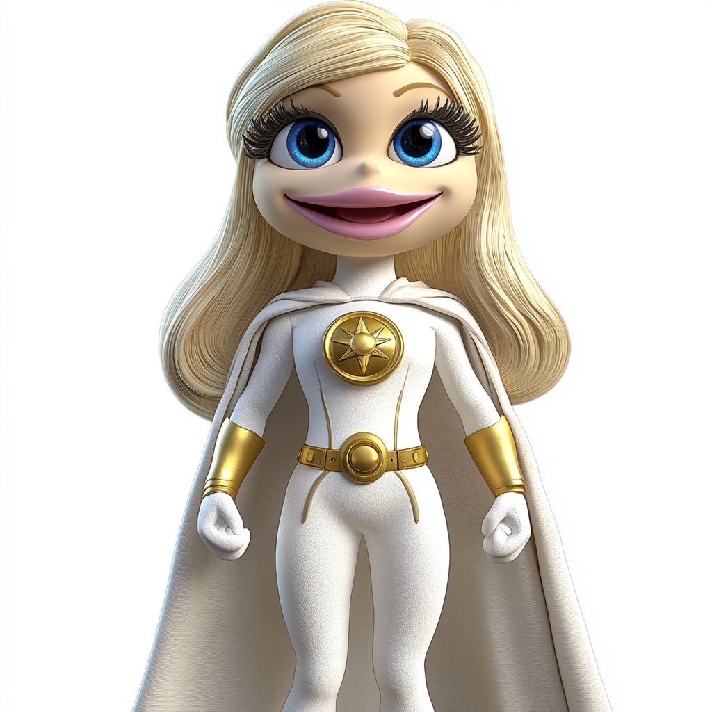 Blonde superhero puppet with white and gold costume.