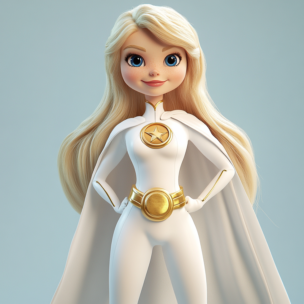 Blonde superhero with blue eyes in white and gold.