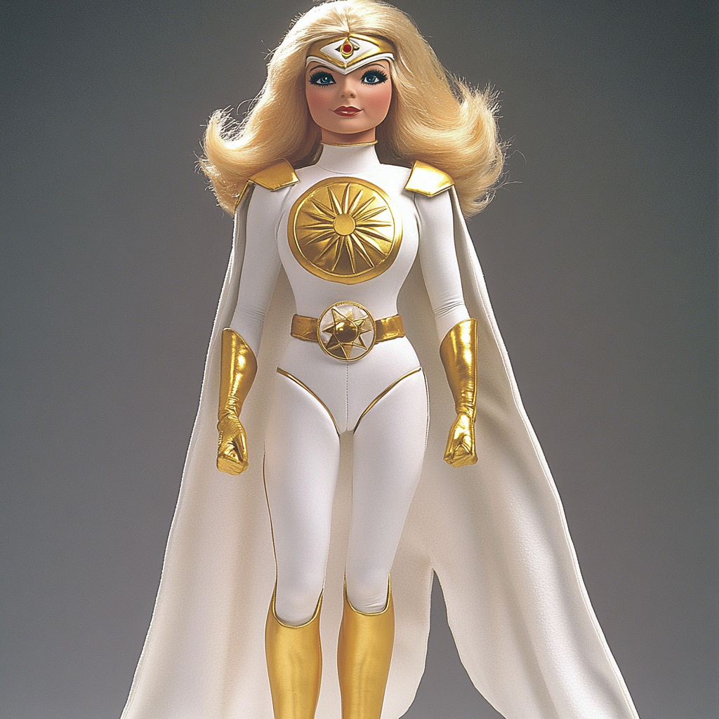 Blonde superheroine puppet with white and gold costume.