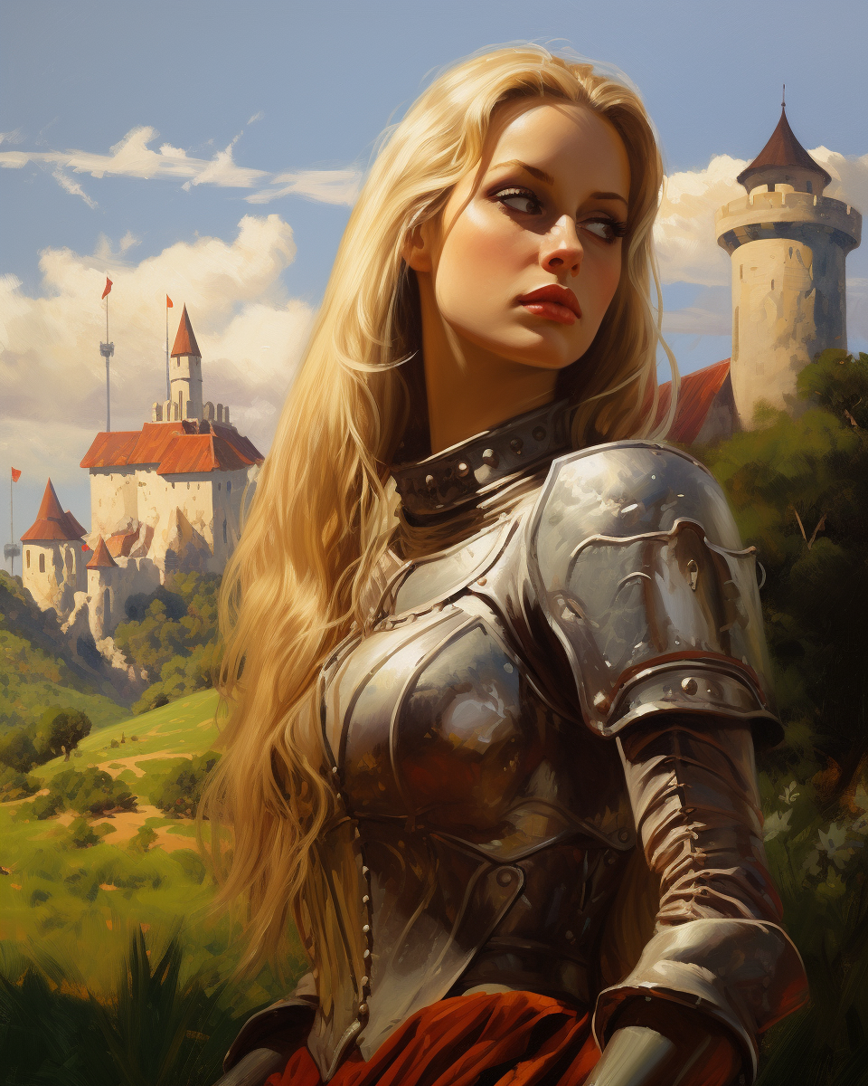 Blonde woman and knight in armor. Grass field castle.