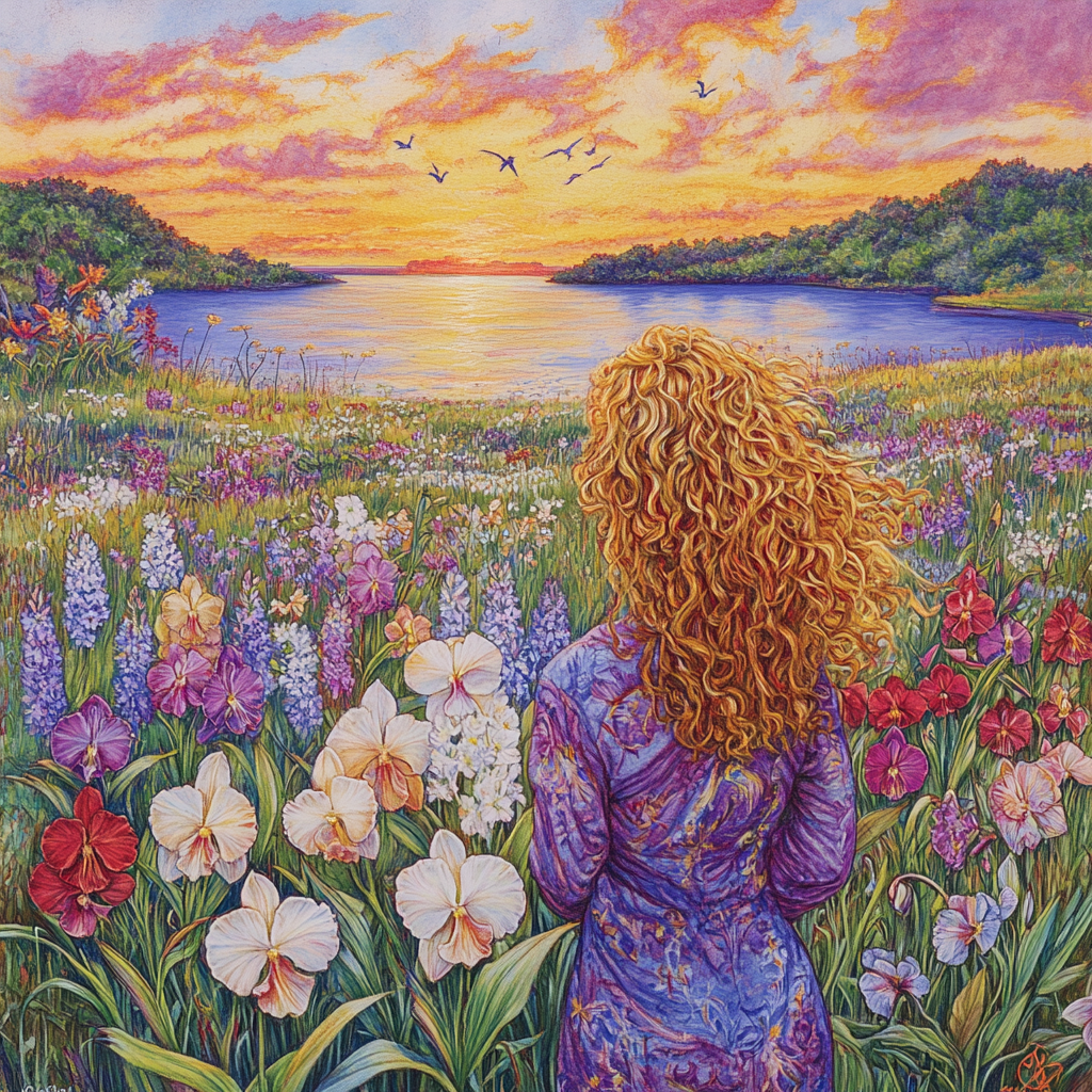 Blonde woman enjoying sunset in orchid field drawing