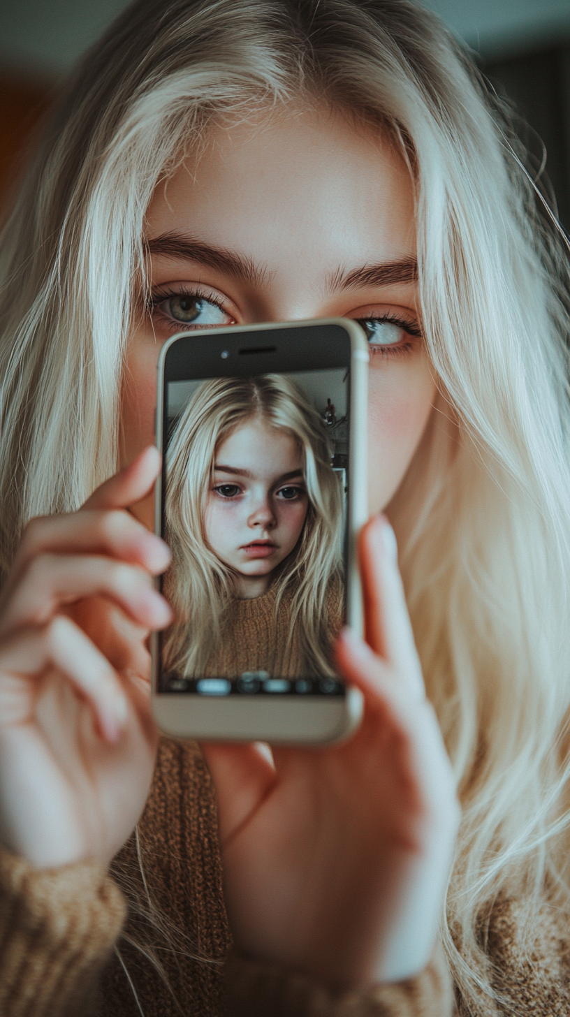 Blonde woman gazes at old reflection on smartphone screen.