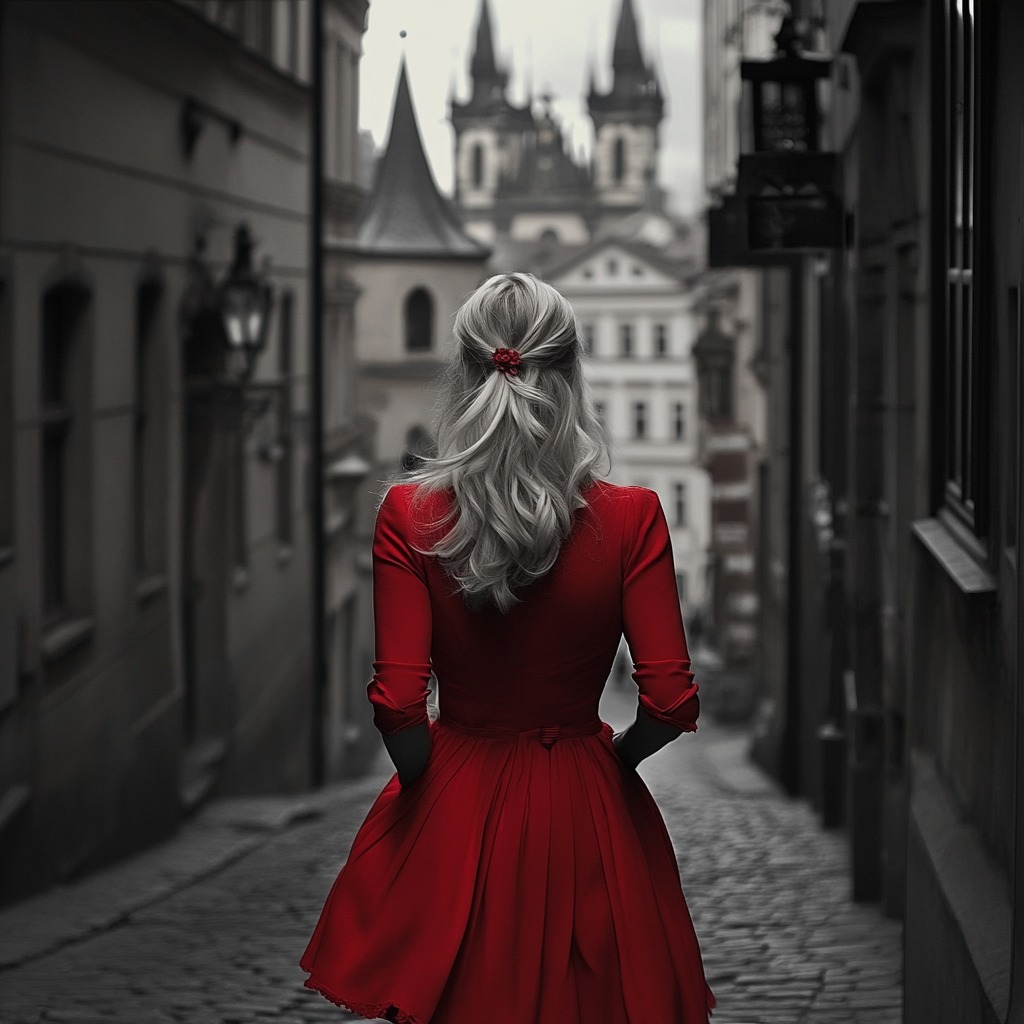 Blonde woman in Prague with red costume. Famous monument.