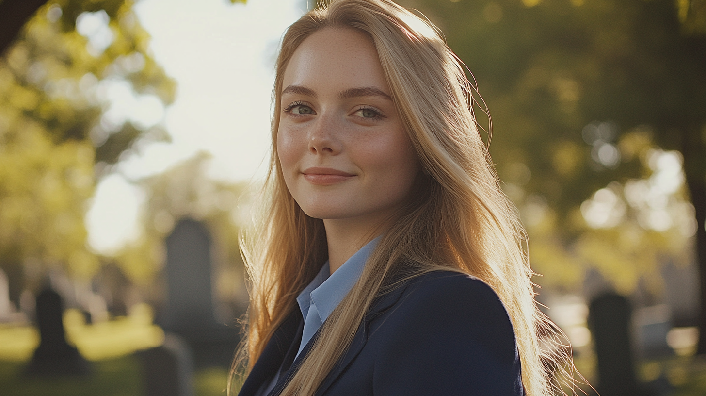 Blonde woman in blue business clothes grins in cemetery