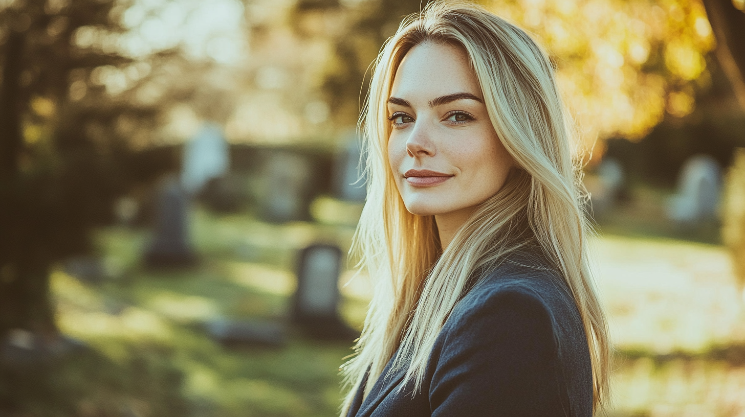 Blonde woman in blue business clothes in cemetery