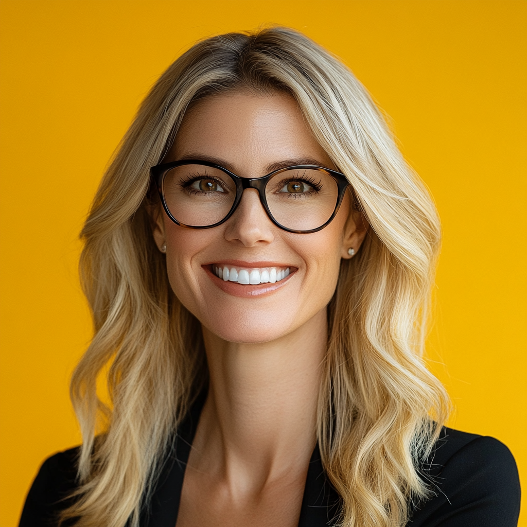 Blonde woman in glasses smiling on bright yellow background.