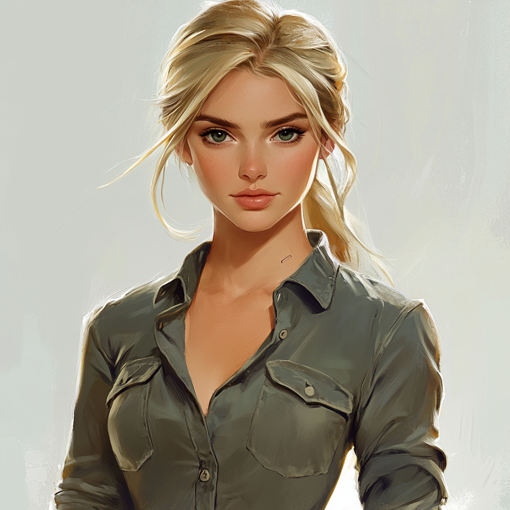 Blonde woman in grey shirt. Western theme character art.