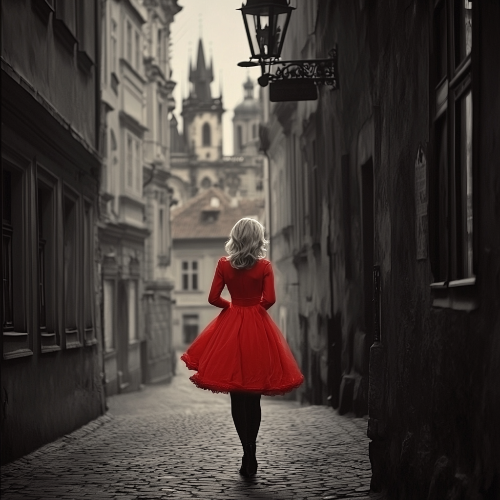 Blonde woman in red costume walks Prague street.