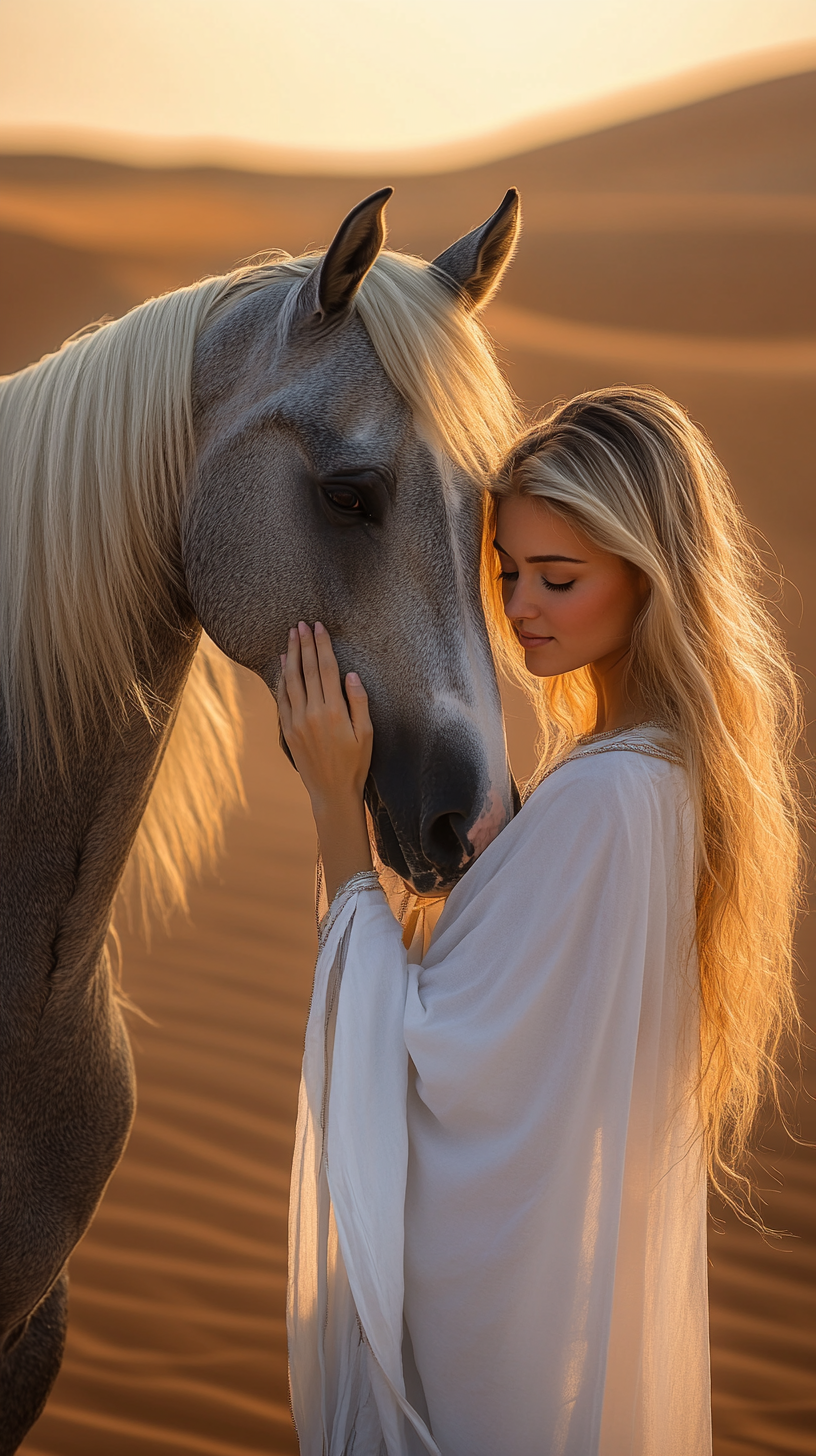 Blonde woman in white cape with gray horse.