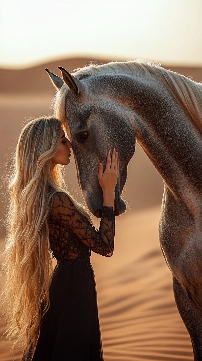 Blonde woman pets gray horse under desert sun.