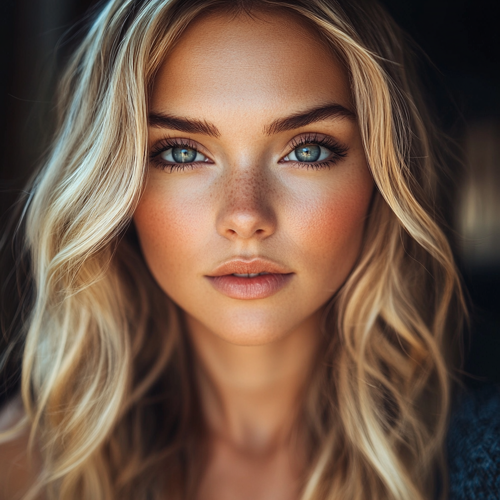 Blonde woman posing with makeup and arched eyebrow.