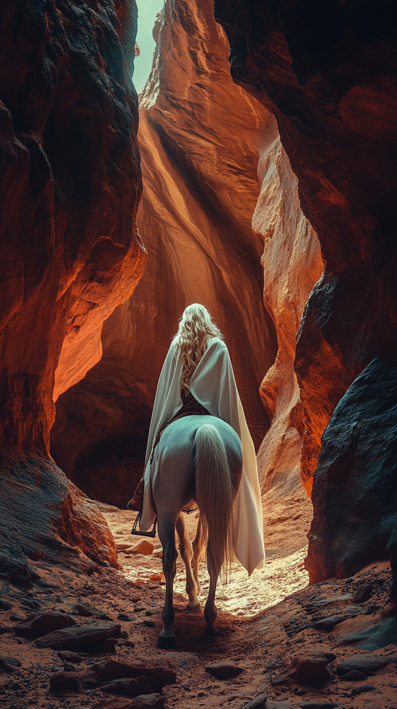 Blonde woman rides dappled horse in rocky canyon light.