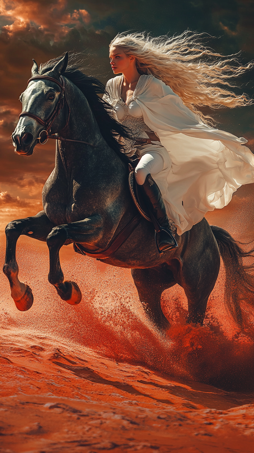 Blonde woman riding dark gray dapple horse.