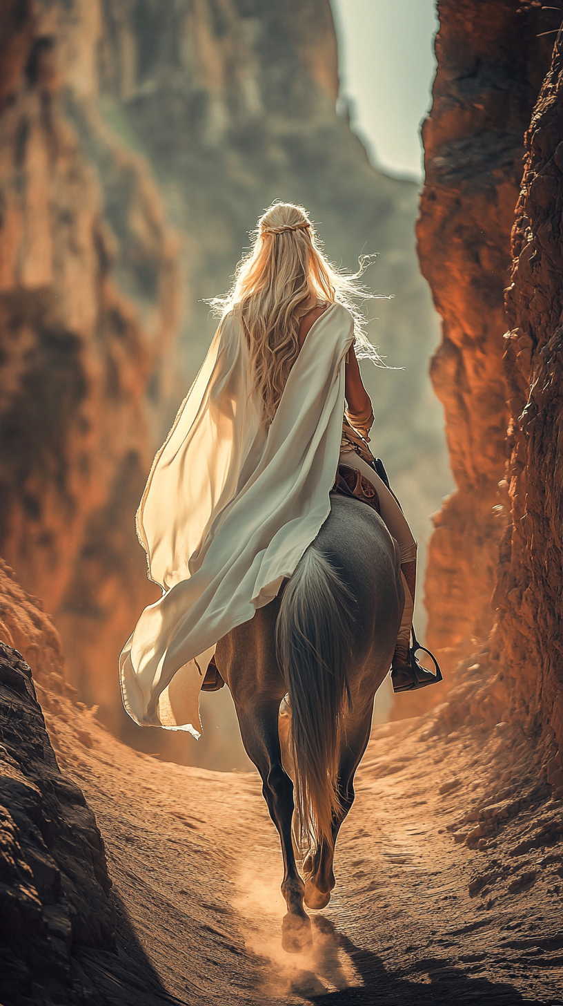 Blonde woman riding gray dapple horse in canyon.