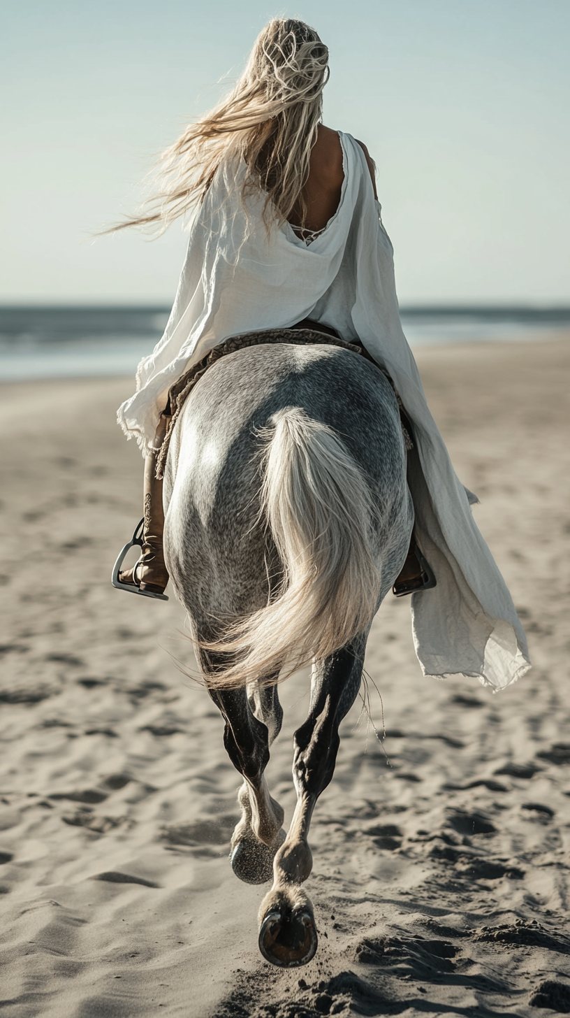 Blonde woman riding majestic dapple horse on beach.