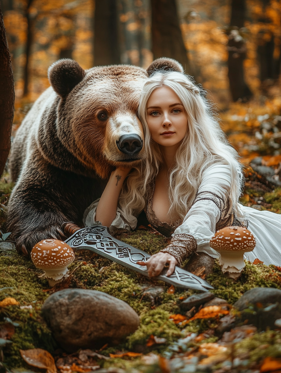 Blonde woman with bear in autumn forest