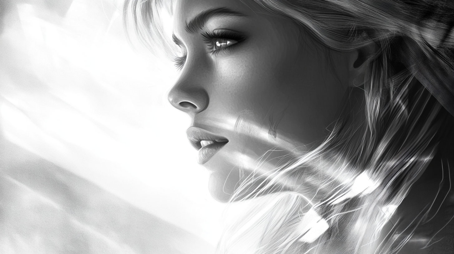 Blonde woman with refracted light in black & white.