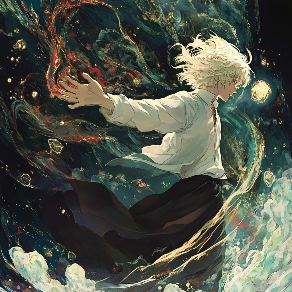 Blonde young man casting spell transforms falling