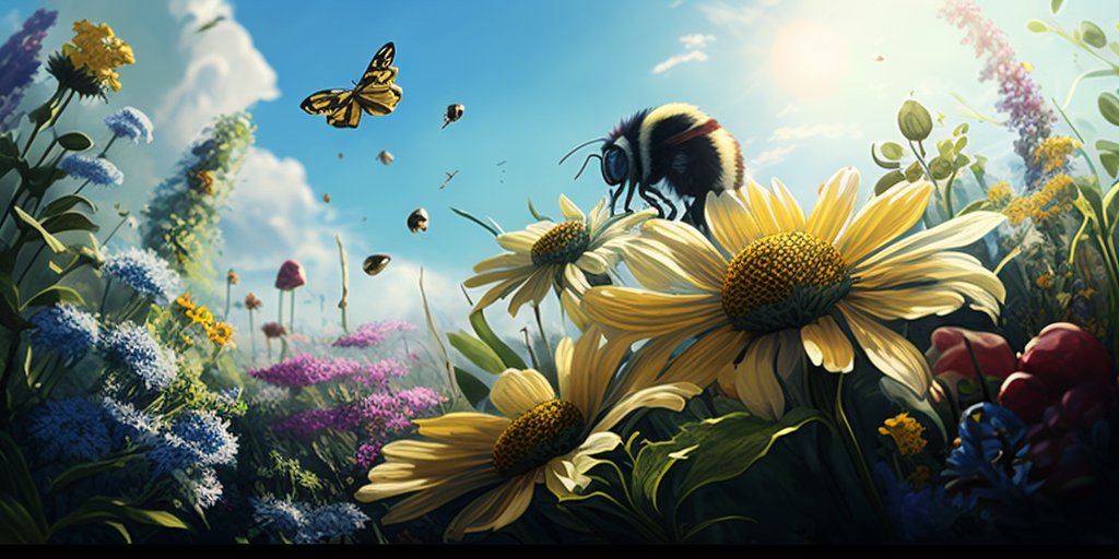 Blooming garden with sunlight, blue sky, flowers, butterflies.