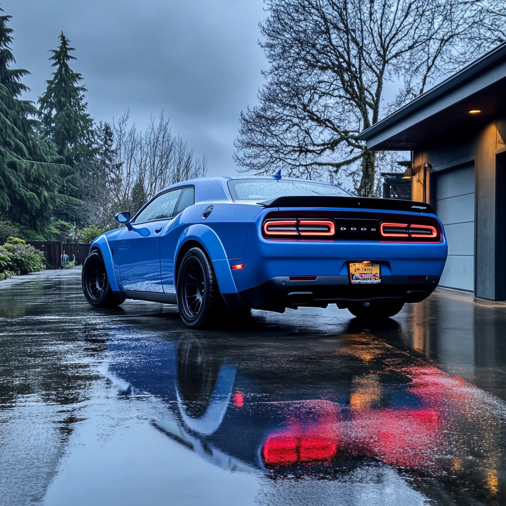 Blue 2024 Dodge Challenger Hellcat in front of upscale Seattle home.