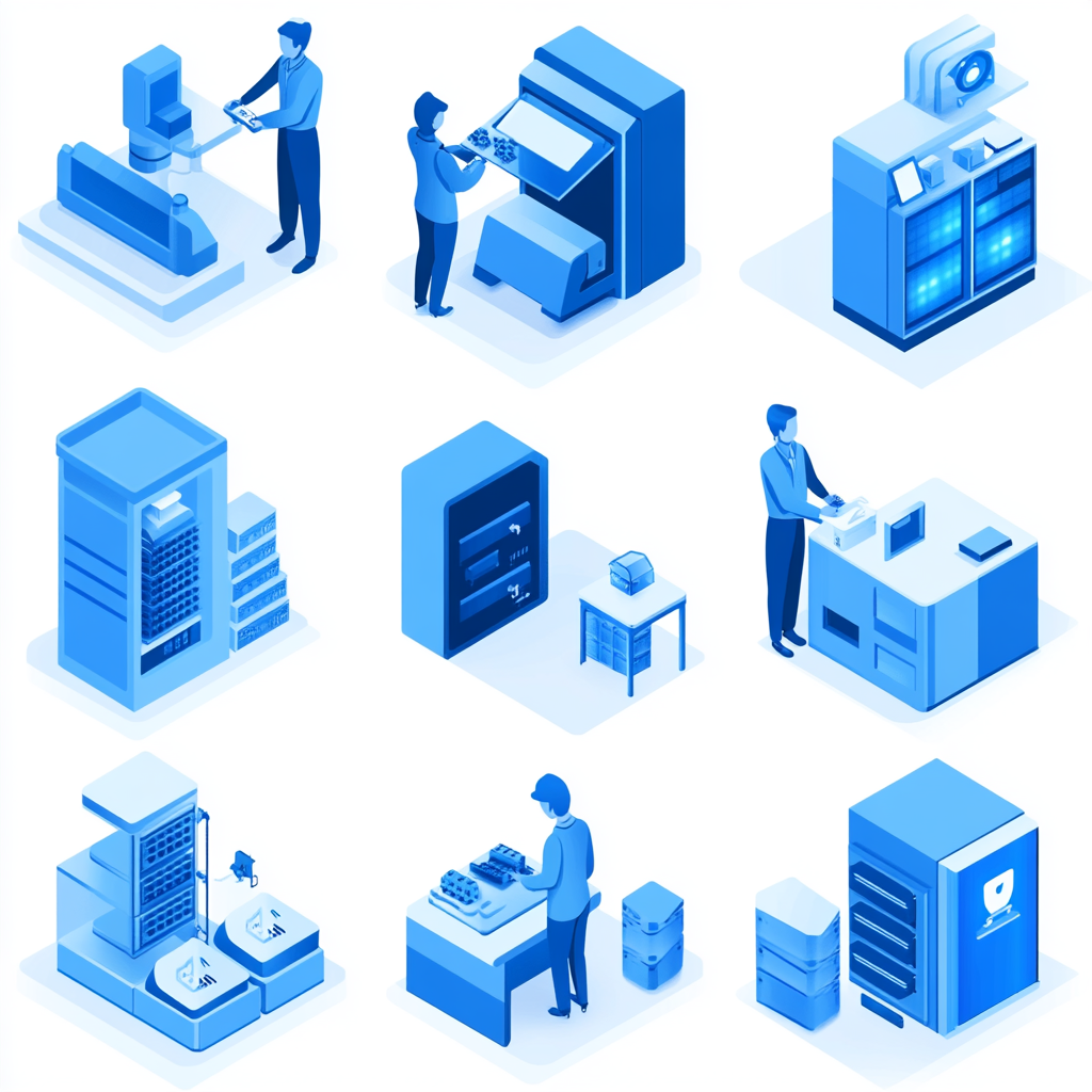 Blue 3D isometric illustrations of various business processes.