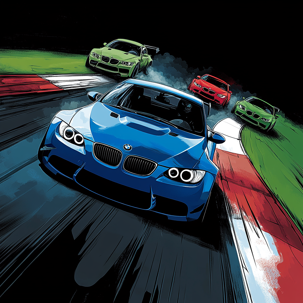 Blue BMW M3 speeding on vibrant running track.