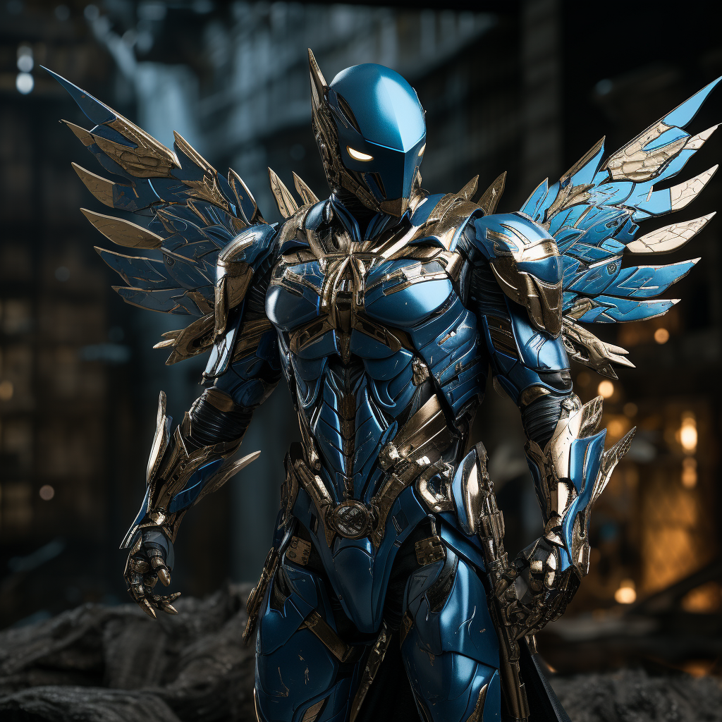 Blue bird superhero with mechanical wings