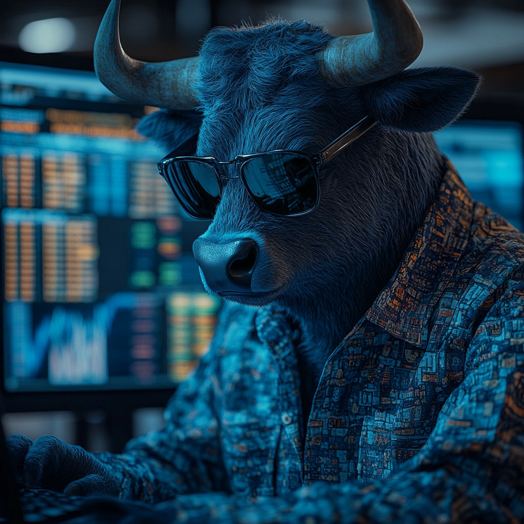 Blue Bull sad, trading stocks on computer. Sony Alpha.