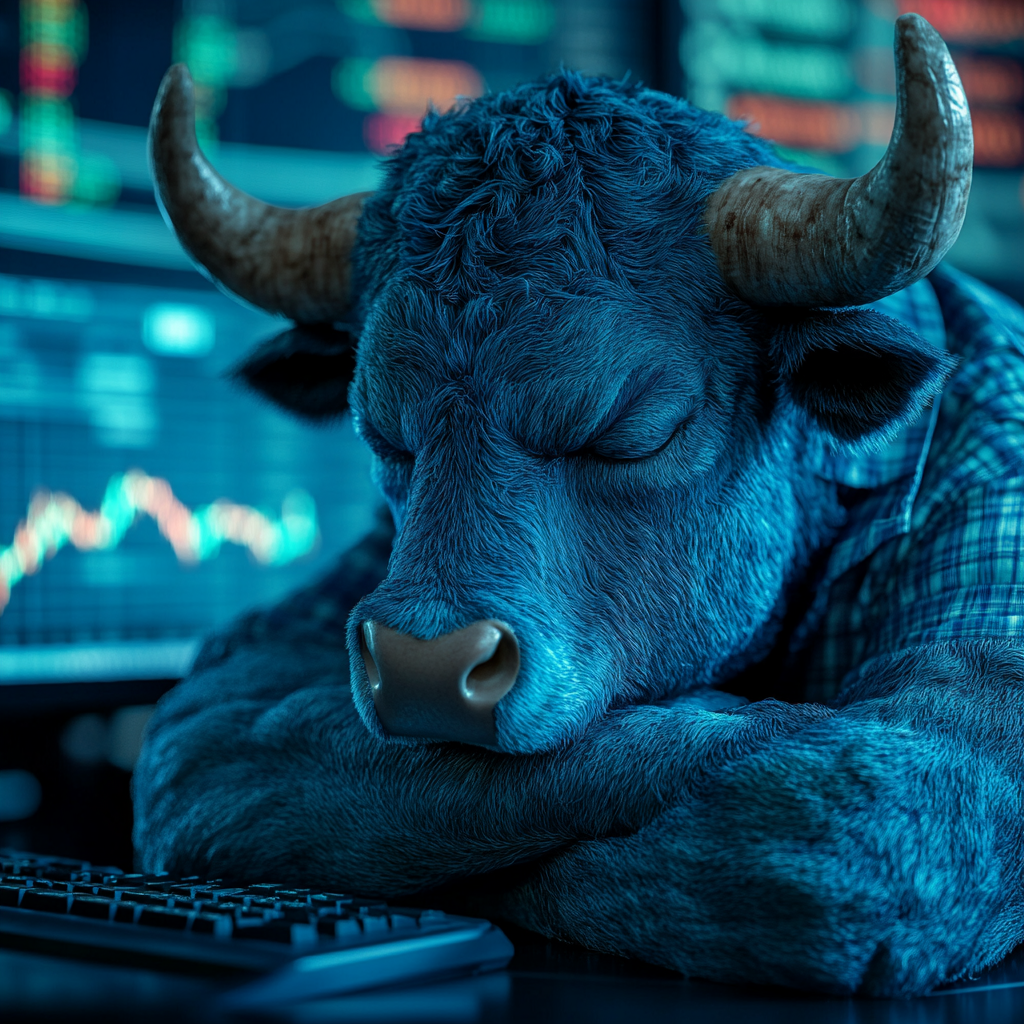 Blue Bull trading stocks on computer with multiple screens.