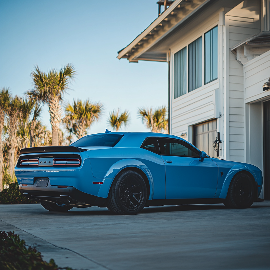 Blue Dodge Challenger Hellcat in affluent Pensacola Beach neighborhood.