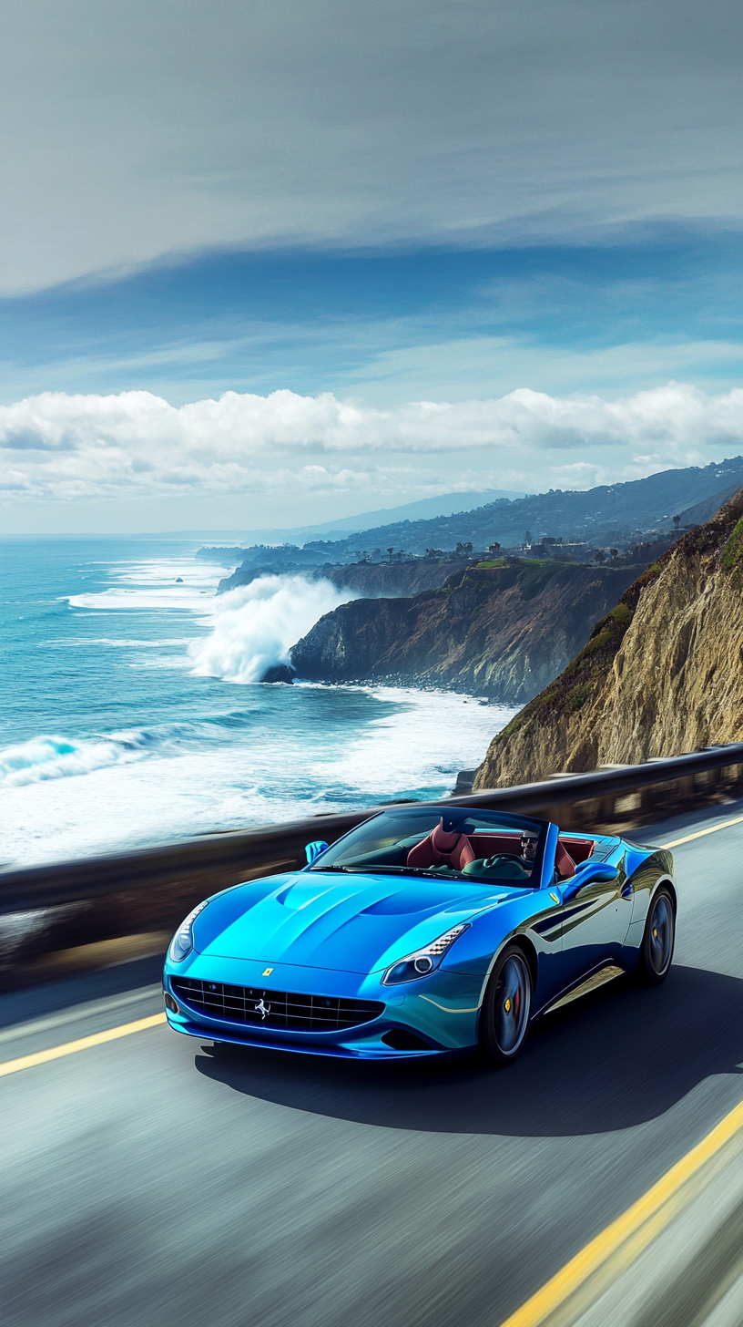 Blue Ferrari speeding on Pacific Coast Highway, waves splashing.