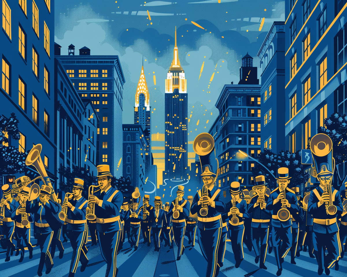 Blue-Gold Retro Poster: ETSU Marching Bucs in NYC