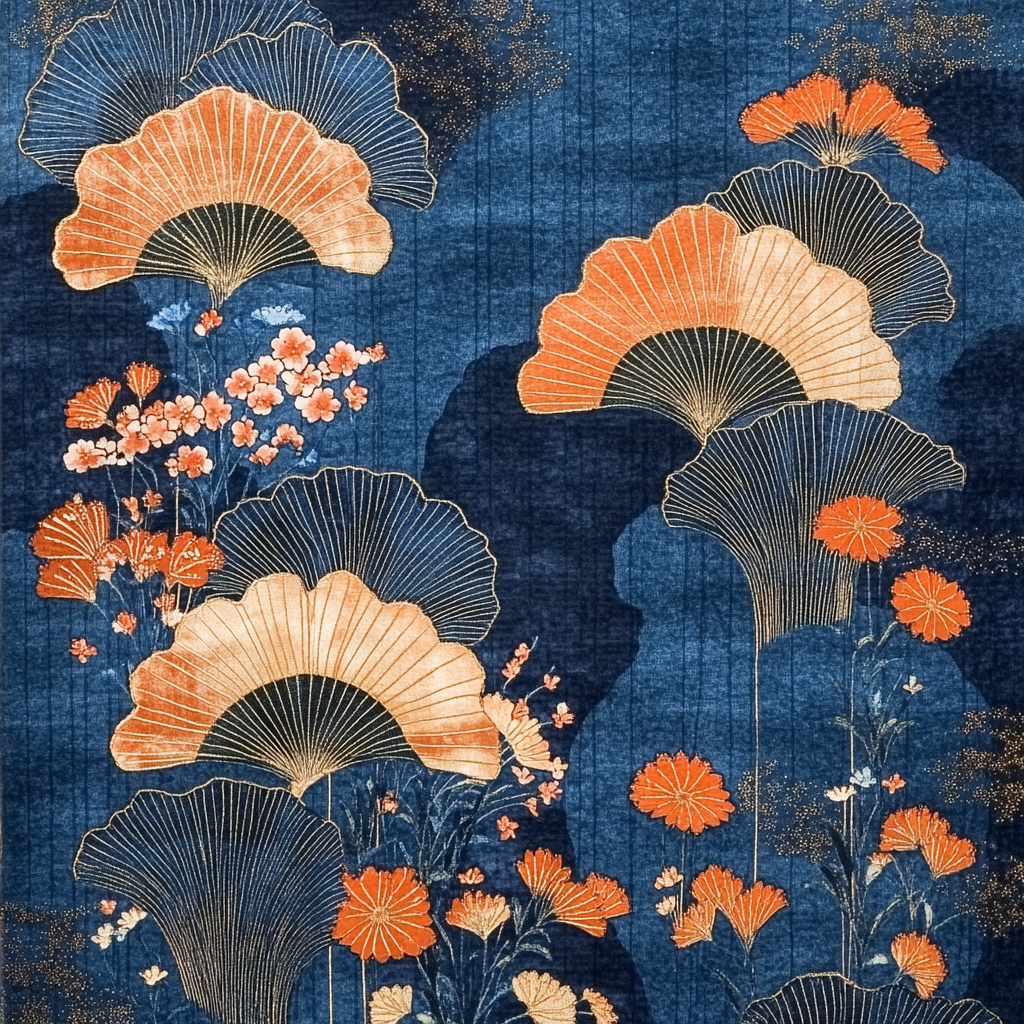 Blue Japanese pattern with vibrant accents on fabric.