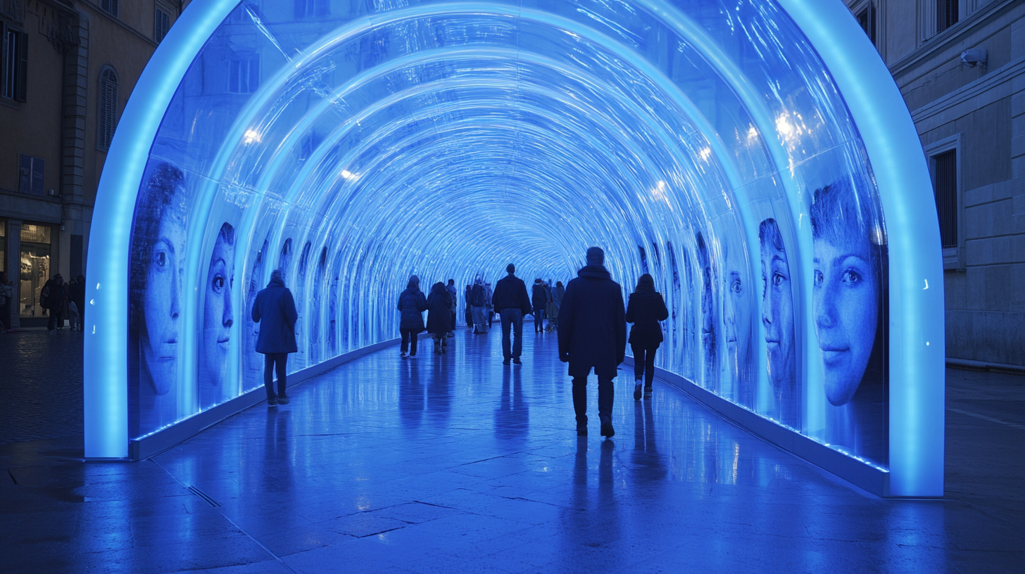 Blue LED tunnel with glass/acrylic faces, ethereal atmosphere.