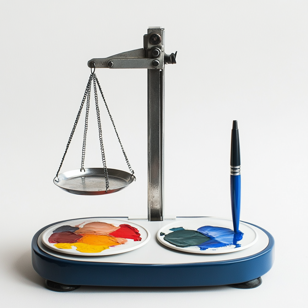 Blue and silver scale weighing painter's palette and pen.