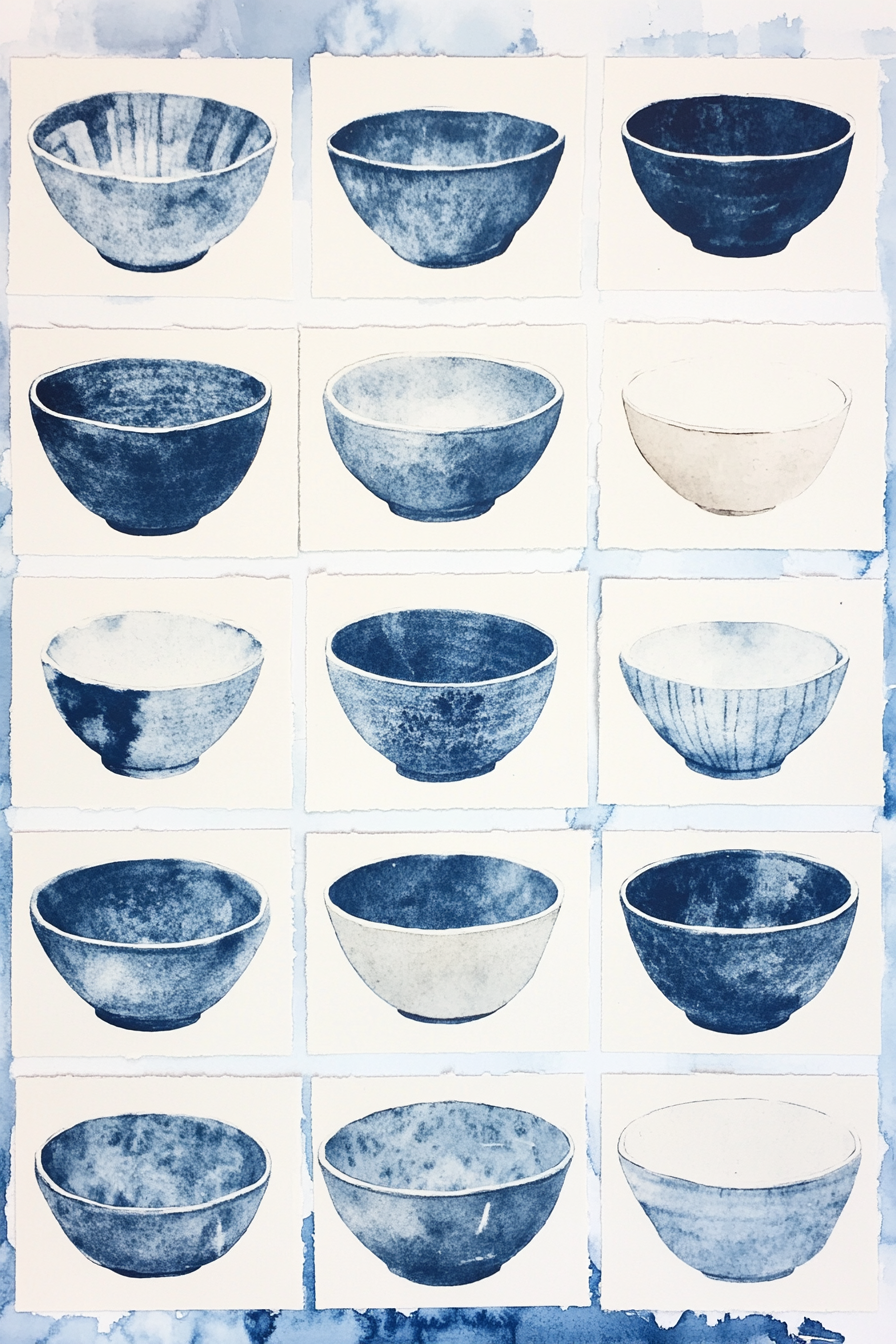 Blue and white bowls collage on watercolor grid