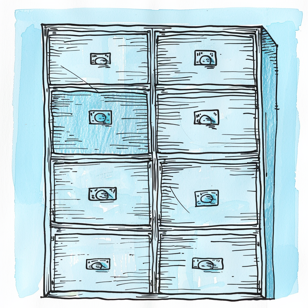 Blue cabinet with many drawers in drawing.