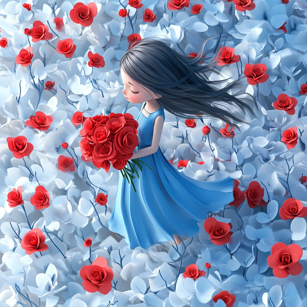 Blue dress, red roses, girl walking in flower sea.