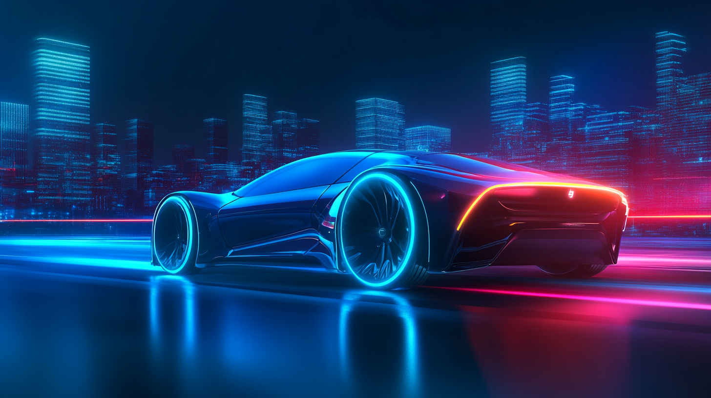 Blue electric cars with neon lights in futuristic city.