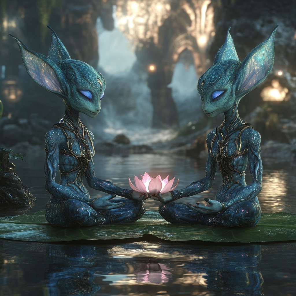 Blue elf aliens meditating in a spaceship