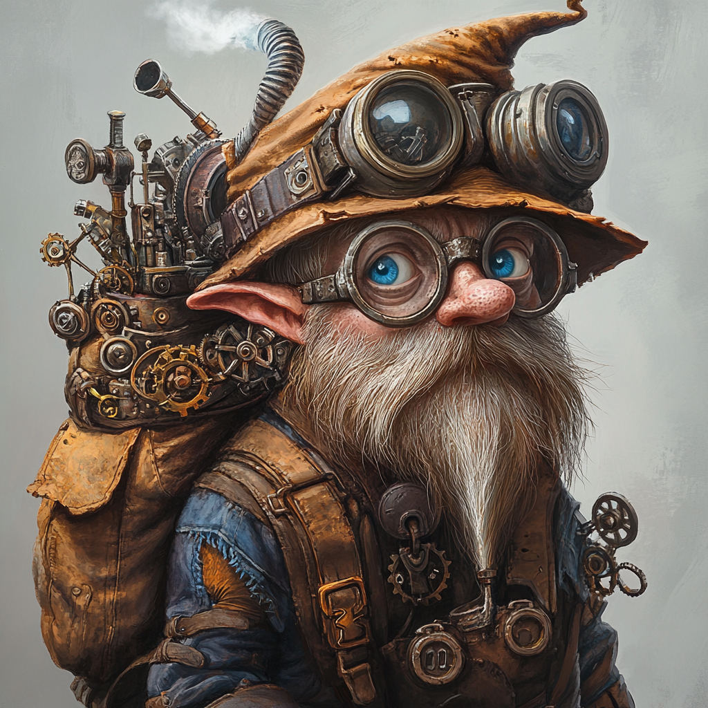 Blue-eyed gnome wizard with hat, glasses, gears carries bag