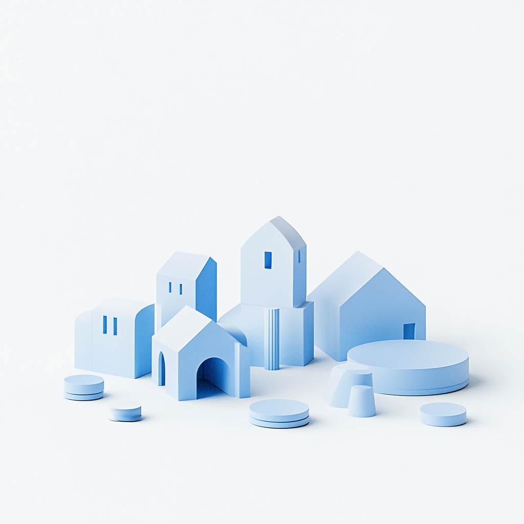 Blue houses and token coins in 3D