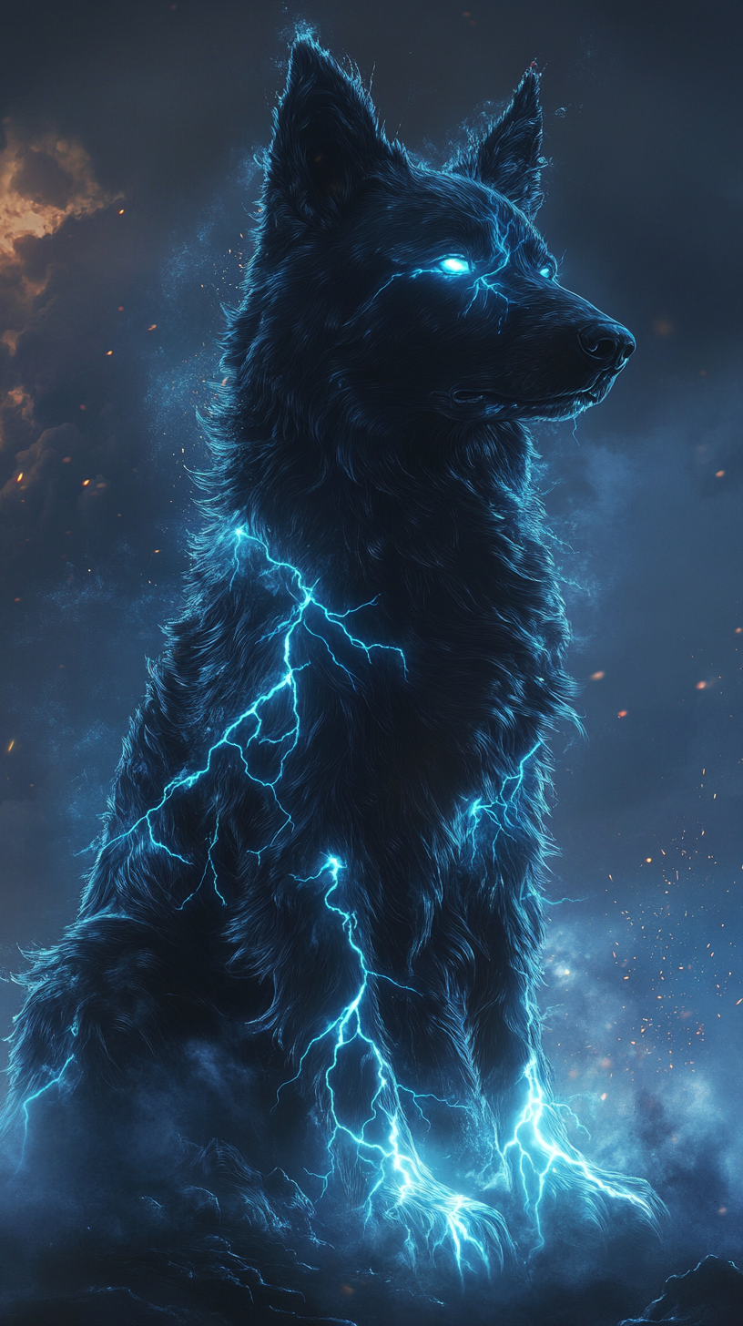 Blue lightning dog in dynamic storm scene.