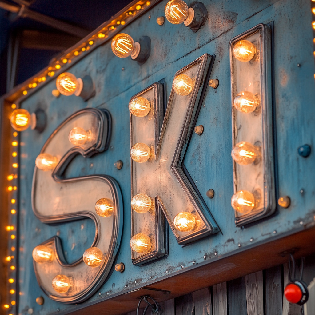 Blue metal sign with fairground style bulbs, no rust.