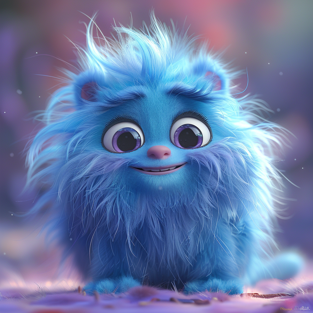 Blue monster with fluffy hair, pink lips, friendly expression.