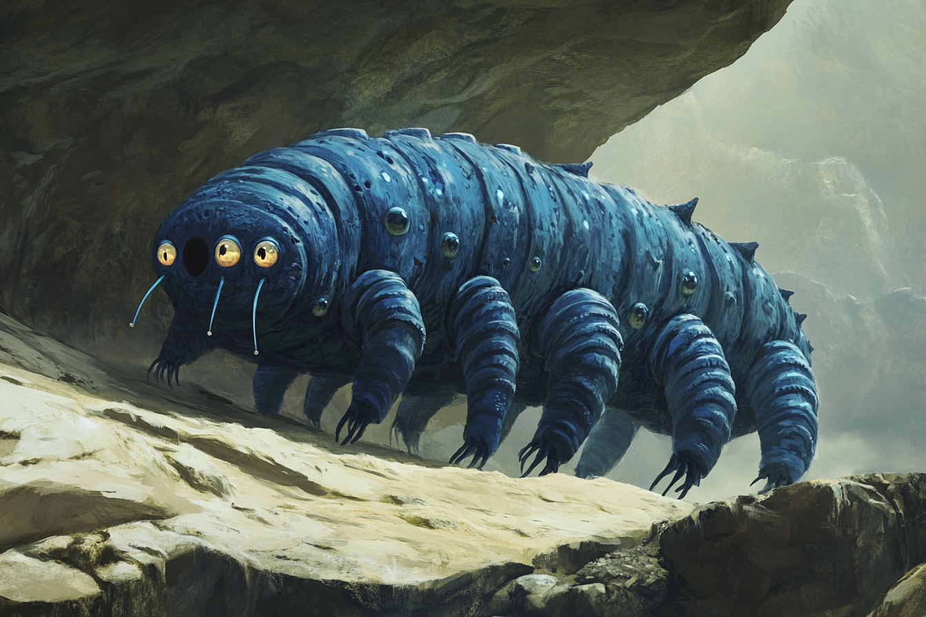 Blue monster with legs and eyes on cave roof.