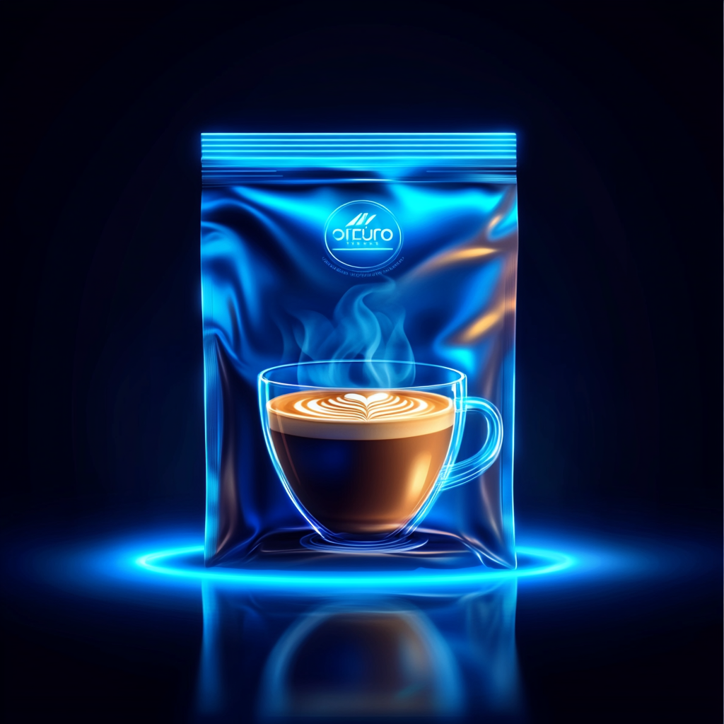 Blue neon coffee bag with latte cup design